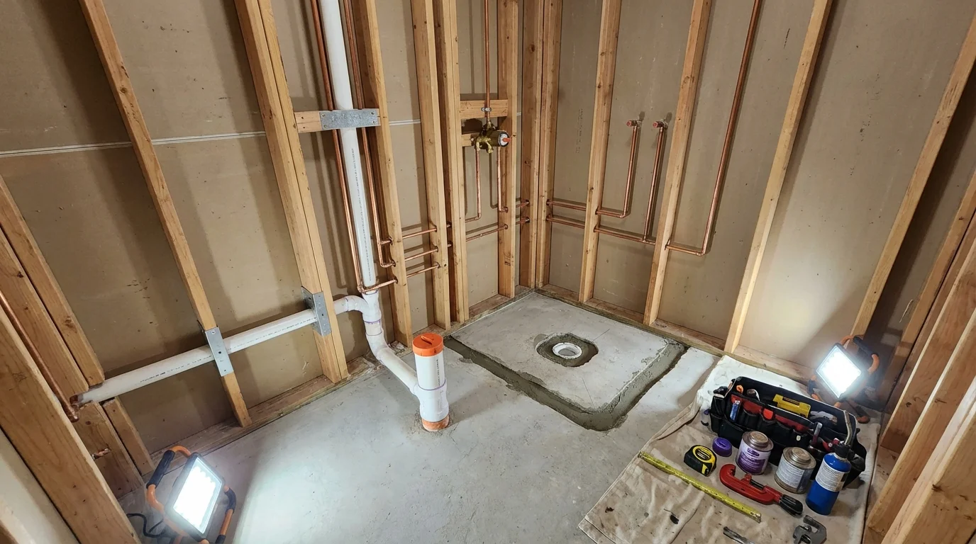 Bathroom rough-in plumbing during remodel by Johns Plumbing LLC in Brundidge