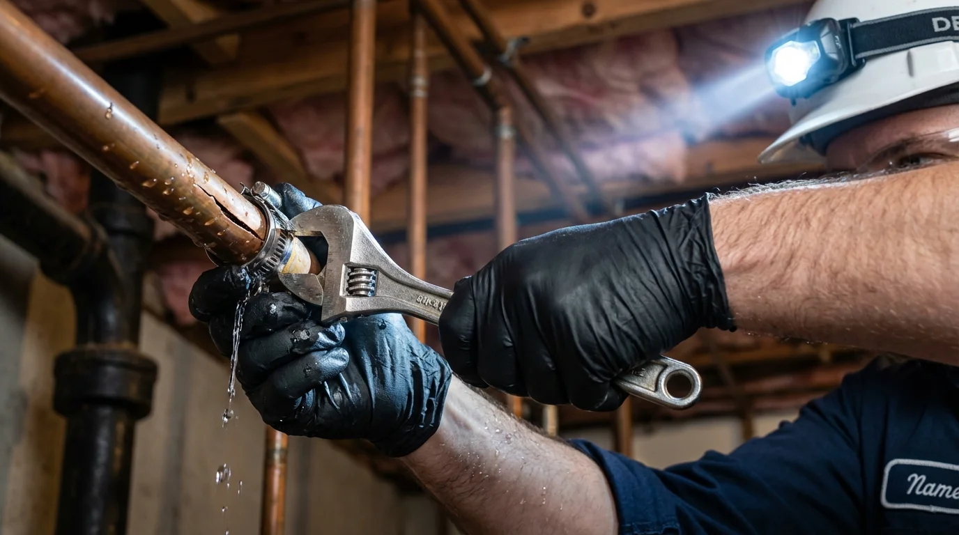 Emergency pipe clamp repair being performed by a Johns Plumbing LLC plumber in Brundidge